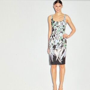 Milly Black Floral-Print Midi Dress with Green and White Brushstroke Accents